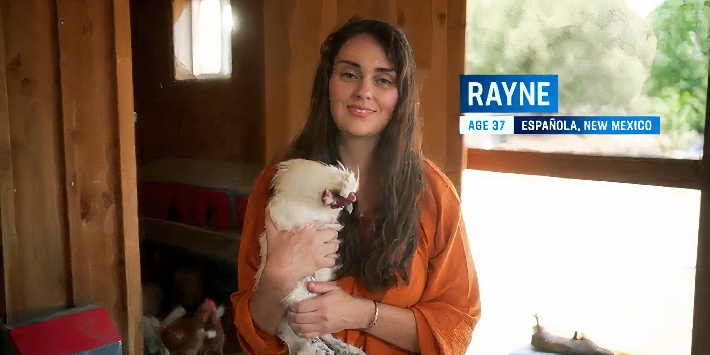 Rayne in 90 Day Fiance in orange shirt holding a chicken outdoors