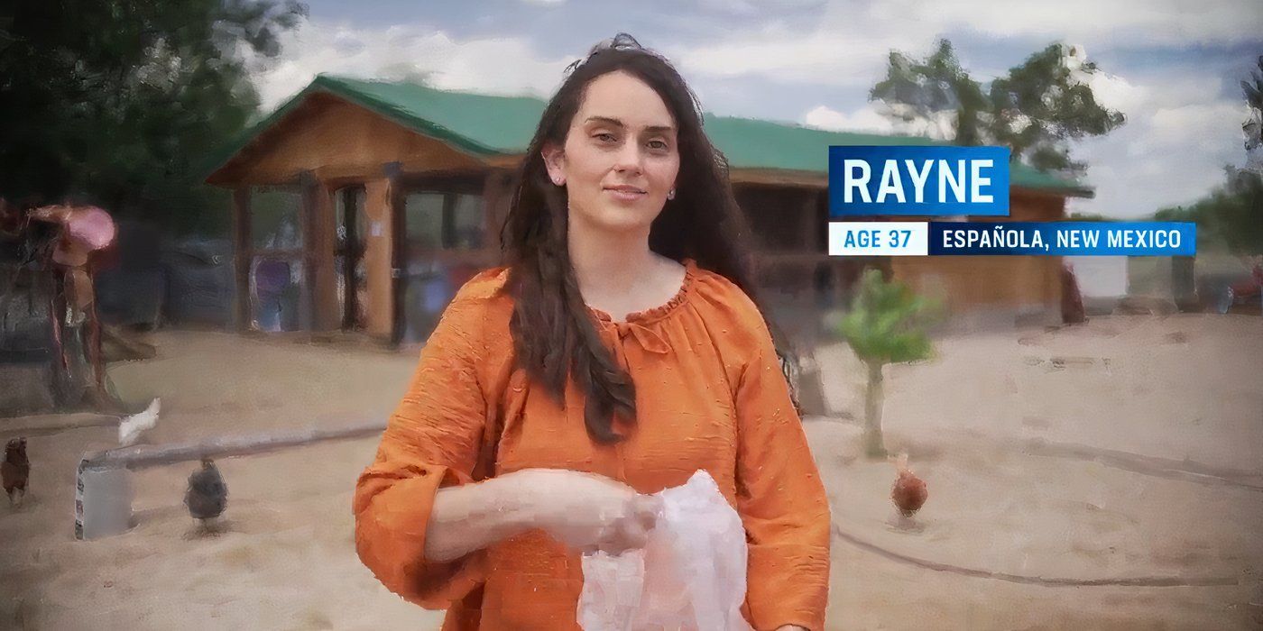 Rayne in 90 Day Fiance in Before the 90 Days promo with orange shirt feeding chicken