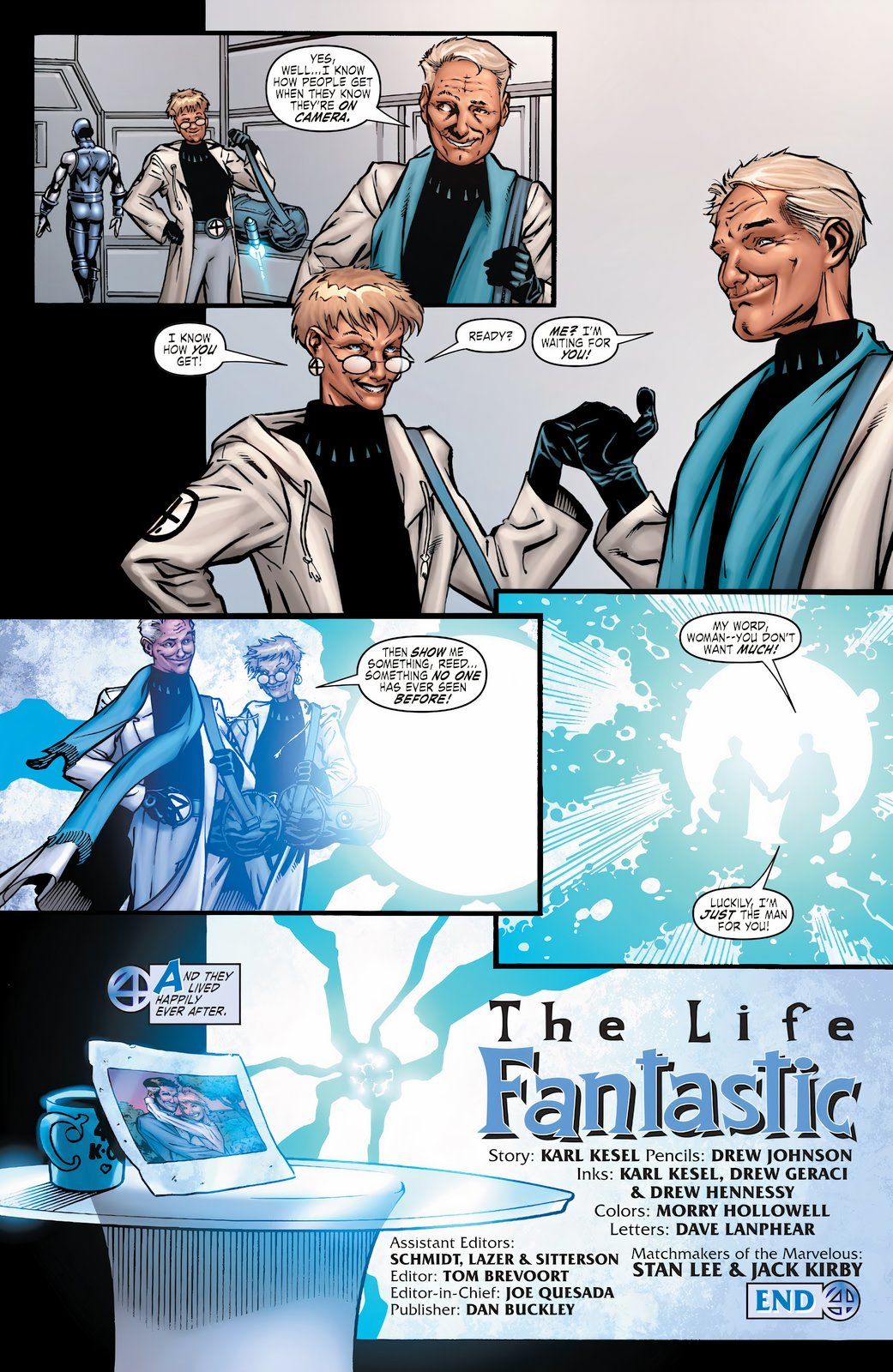 Elderly Reed Richards and Sue Storm walk into the unknown in a flash of light