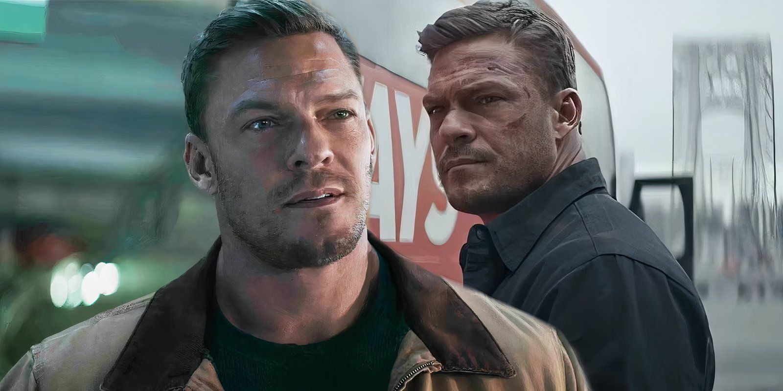 Alan Ritchson as Reacher looking a little concerned next to Reacher standing by a bus with cuts on his face in Reacher season 2