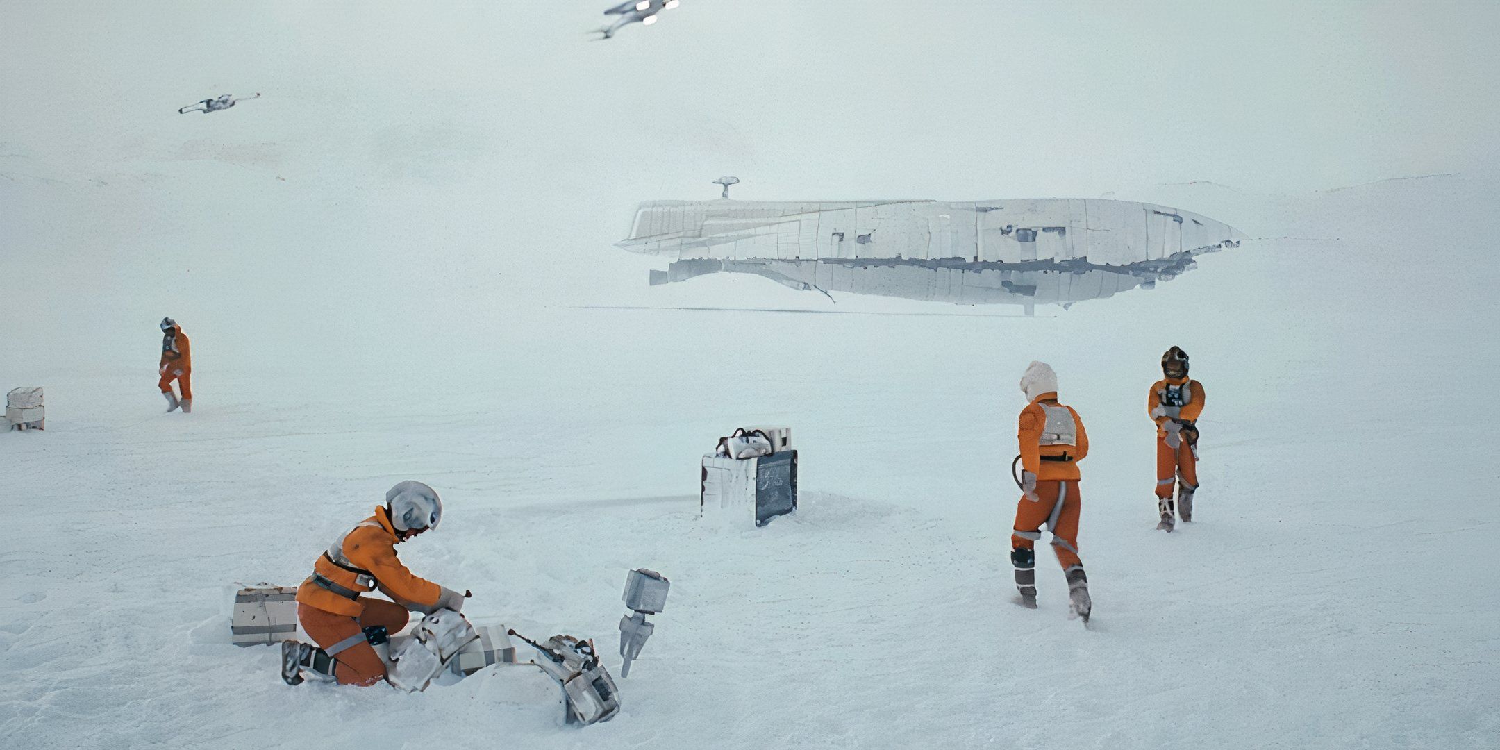 The rebels recover from battle as a transport prepares to take off in Star Wars: Episode V - The Empire Strikes Back.