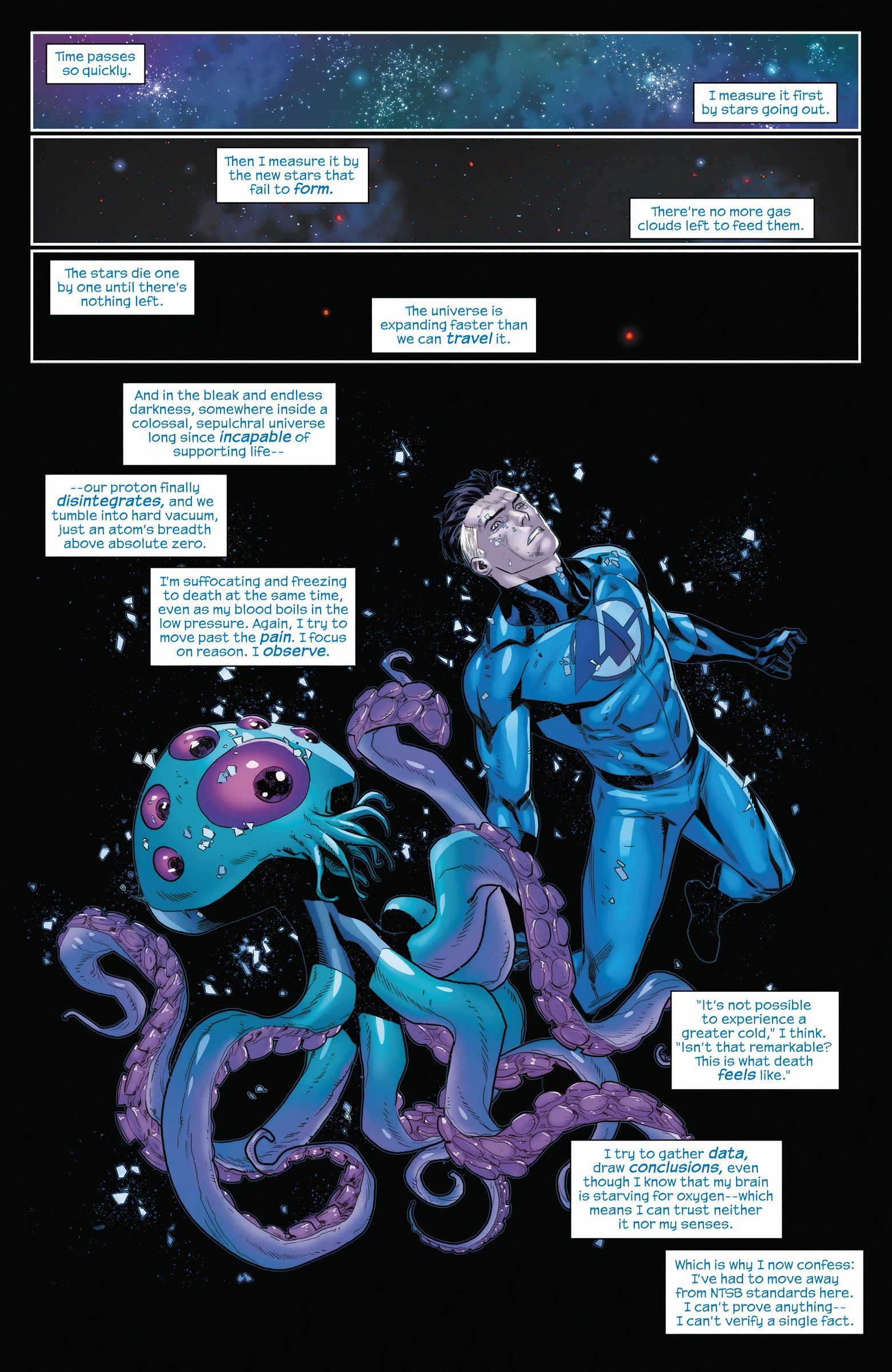 Reed Richards et l'extraterrestre Zrixa flottent dans l'obscurité tandis que les étoiles et l'univers disparaissent.