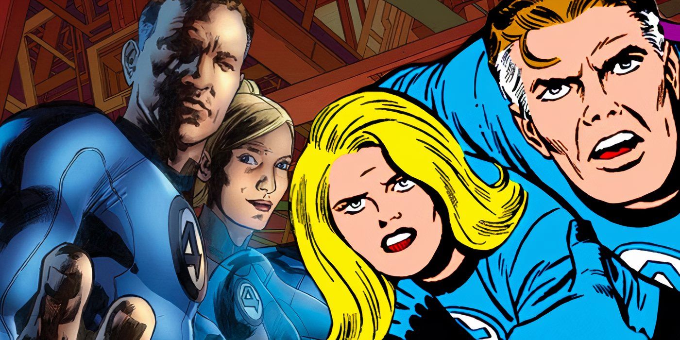 Reed Richards and Sue Storm to the left with their 60s counterparts to the right