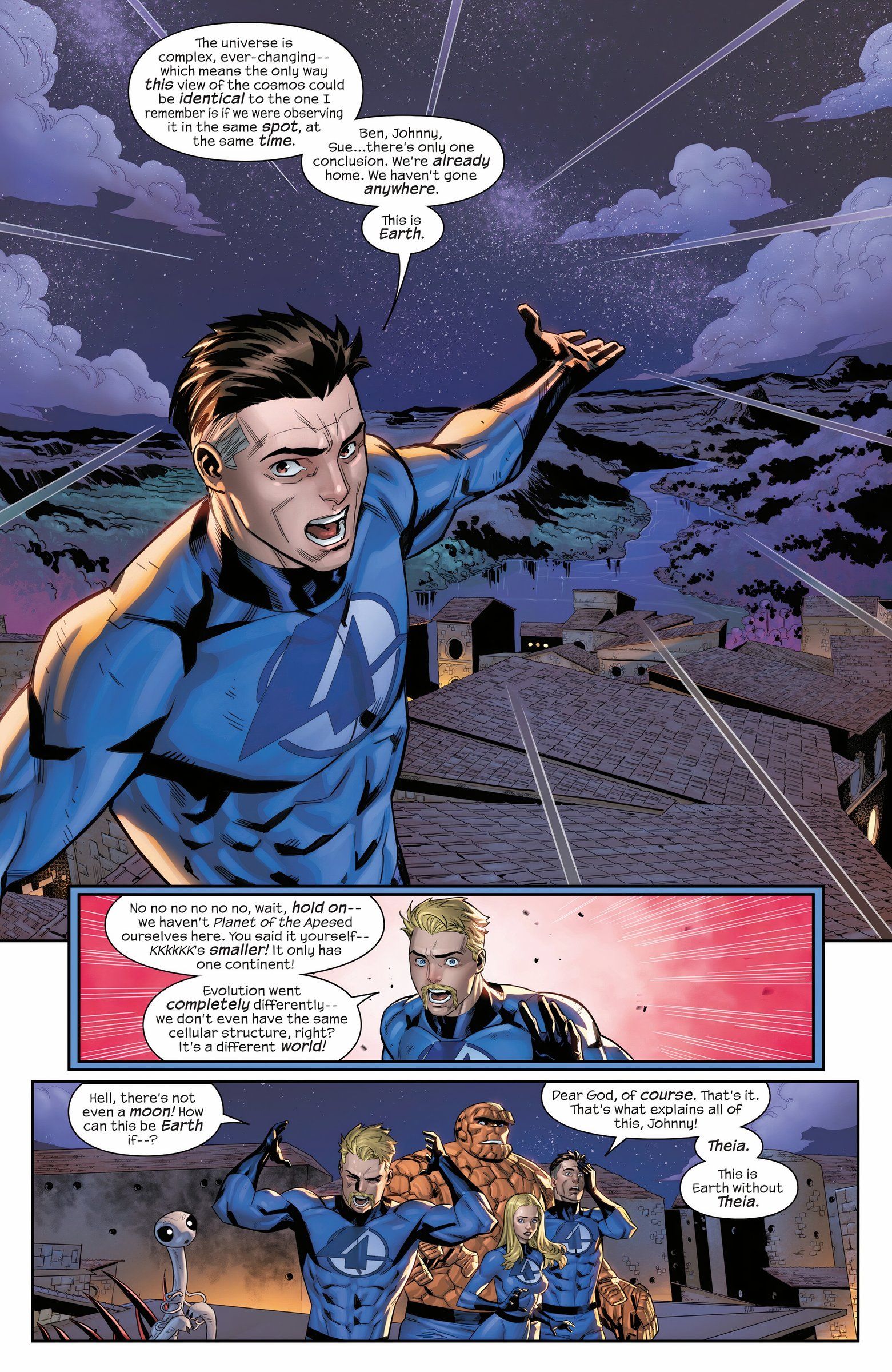 Reed Richards descubre la Tierra sin Thea y se lo explica a los Cuatro Fantásticos. 