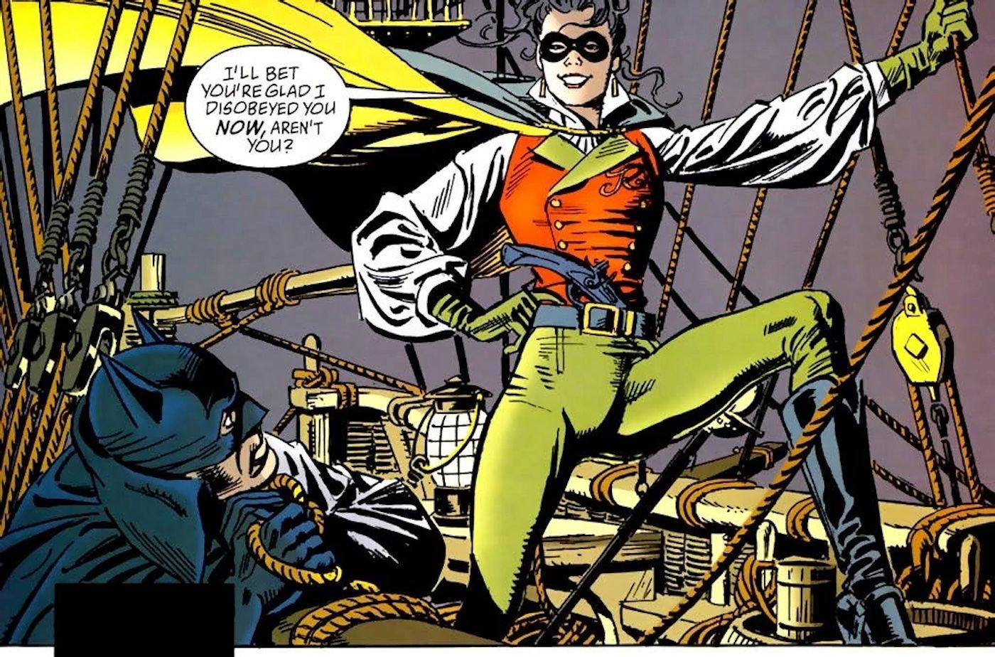 Comic panel: Robin Rochelle Wayne appears in her Robin costume as a pirate on a ship.