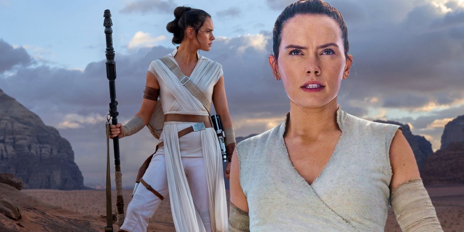 Rey Skywalker standing with her staff to left and looking serious to the right in front of a background showing a rocky terrain