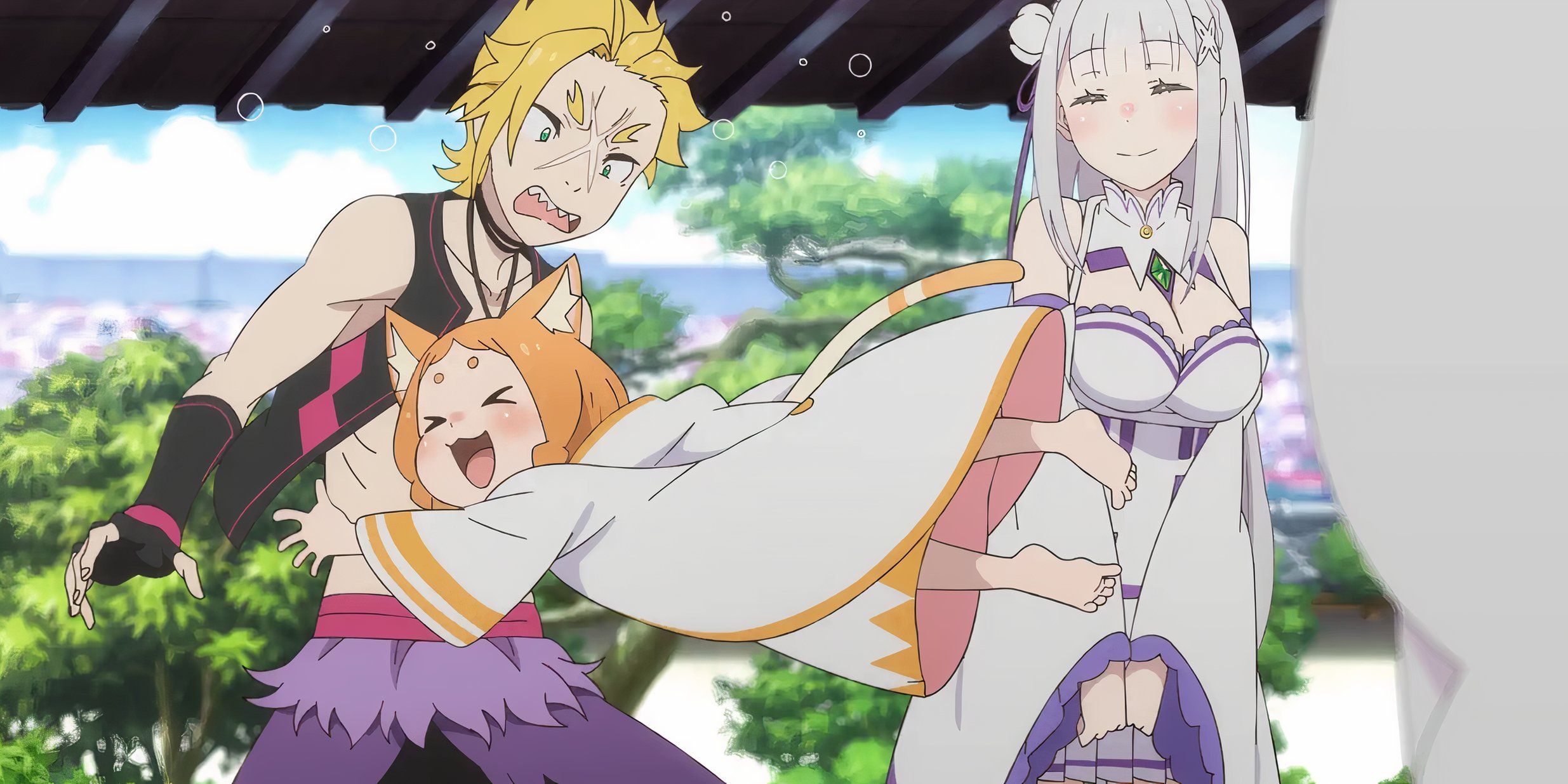 ReZero Garfiel is hugged by Mimi while Emilia stands next to them.