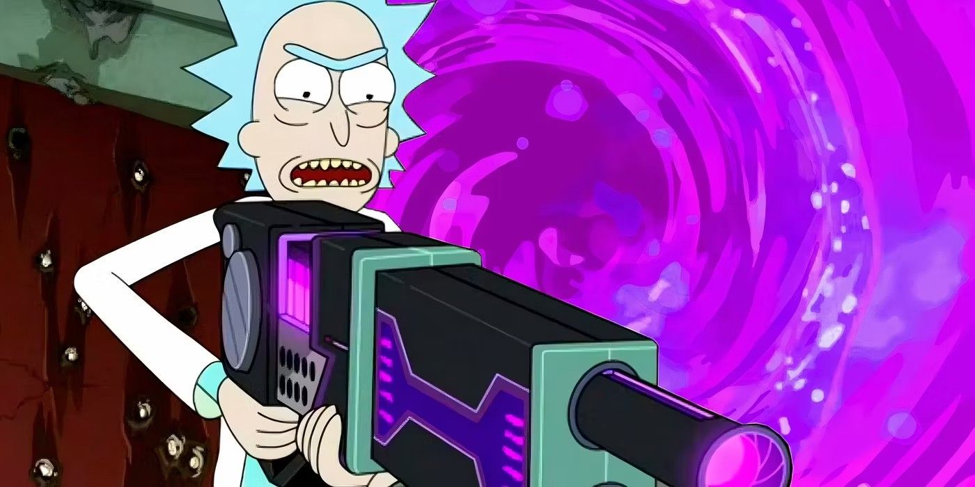 rick and morty&rsquo;s rick with a dark portal gun