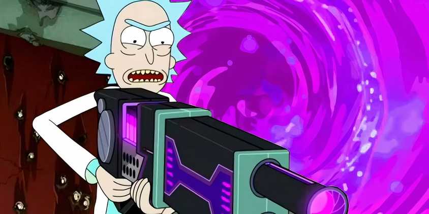 rick and morty's rick with a dark portal gun