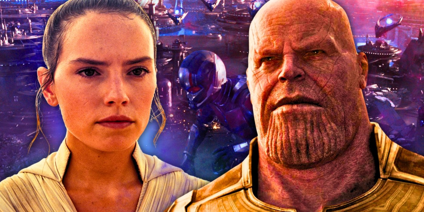 Rey from Star Wars: The Rise of Skywalker and Thanos from Avengers: Infinity War, with Giant Man in Ant-Man and the Wasp: Quantumania in the background.