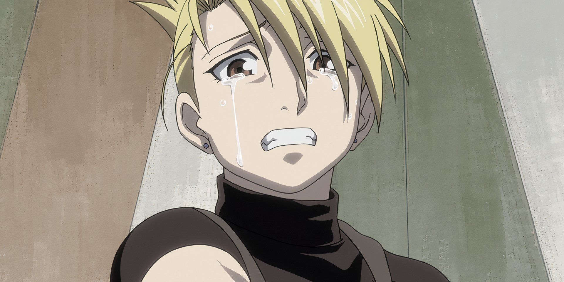 Riza comes to the realization that Mustang may truly be dead and lowers her weapon as tears fall down her face, looking completely defeated