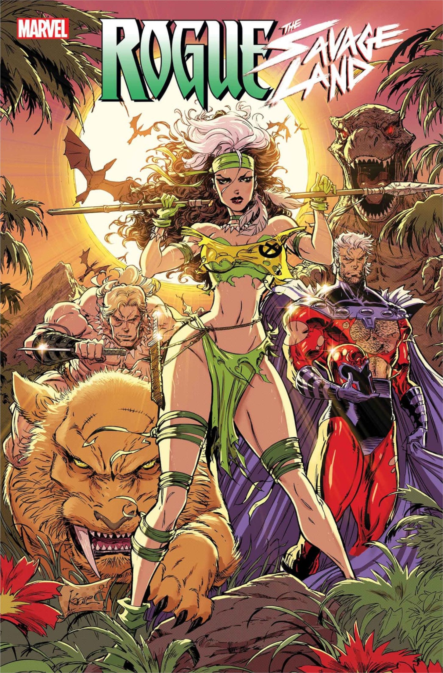 Rogue The Savage Land #1 Cover Rogue está com uma lança com Magneto entre os dinossauros da Terra Selvagem