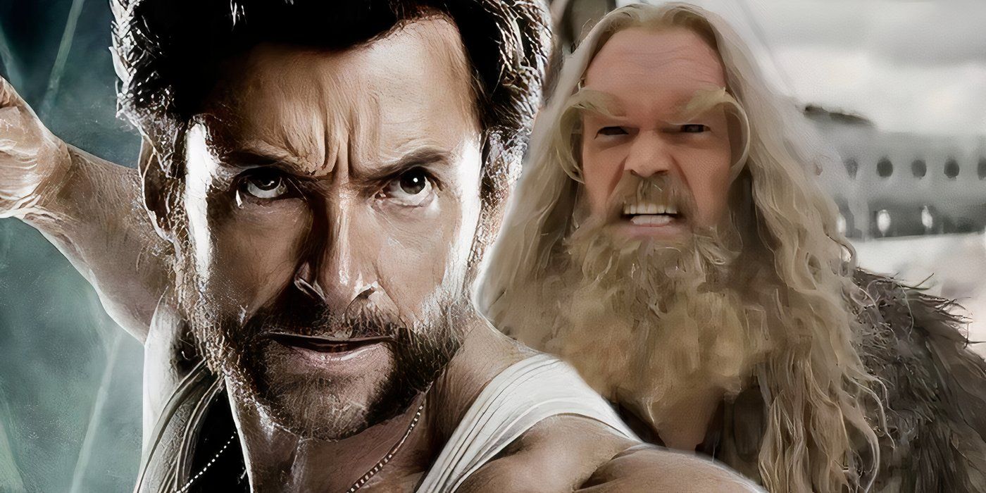 Hugh Jackman's Wolverine with Tyler Mane's Sabretooth behind him.