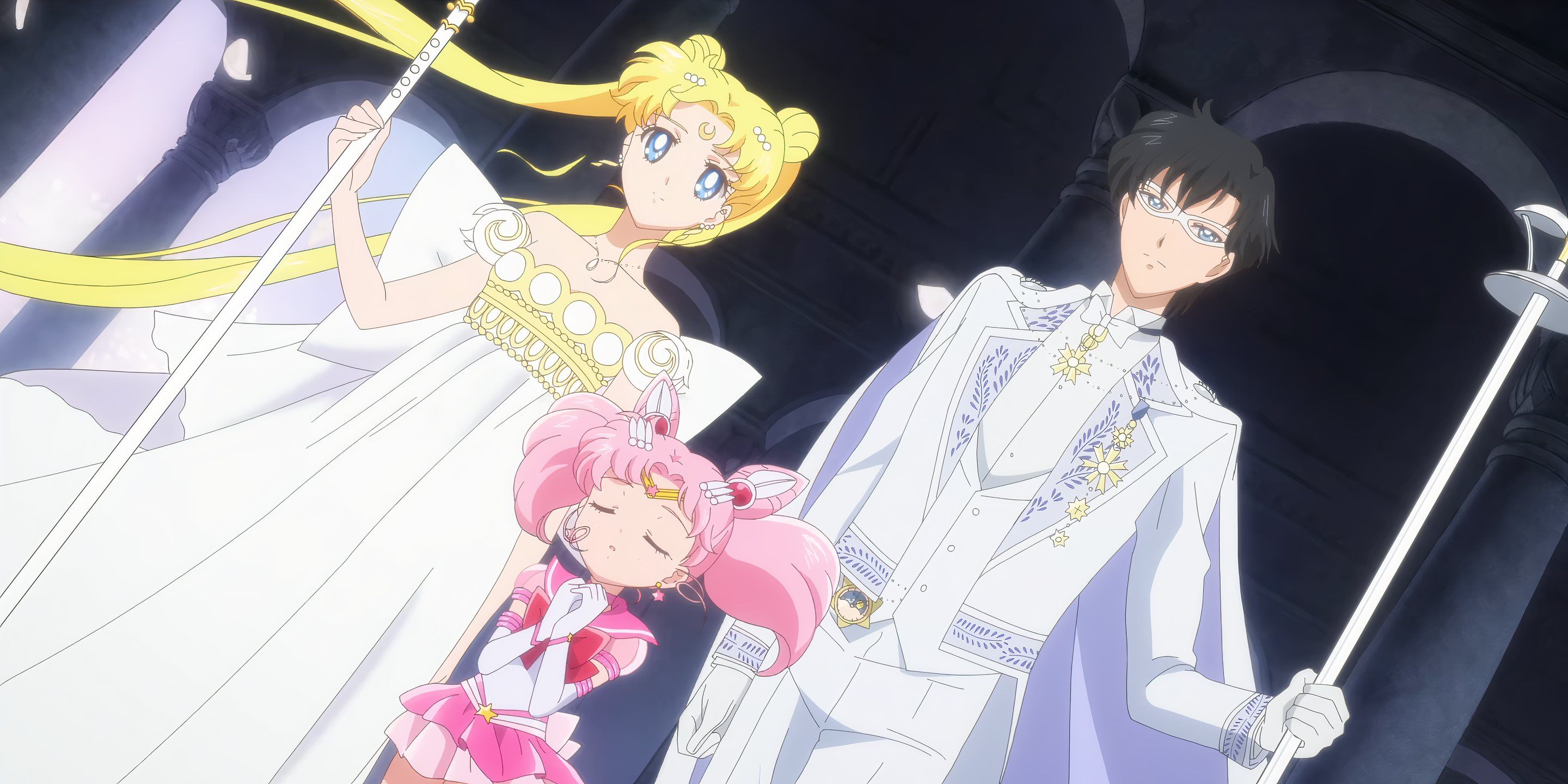 Sailor Chibi Moon, Queen Serenity, and King Endymion stand on a balcony looking out at their kingdom.