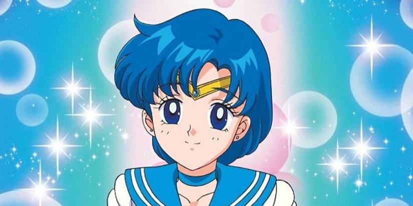 Sailor Mercury smiles with a sparkling and bubble background.