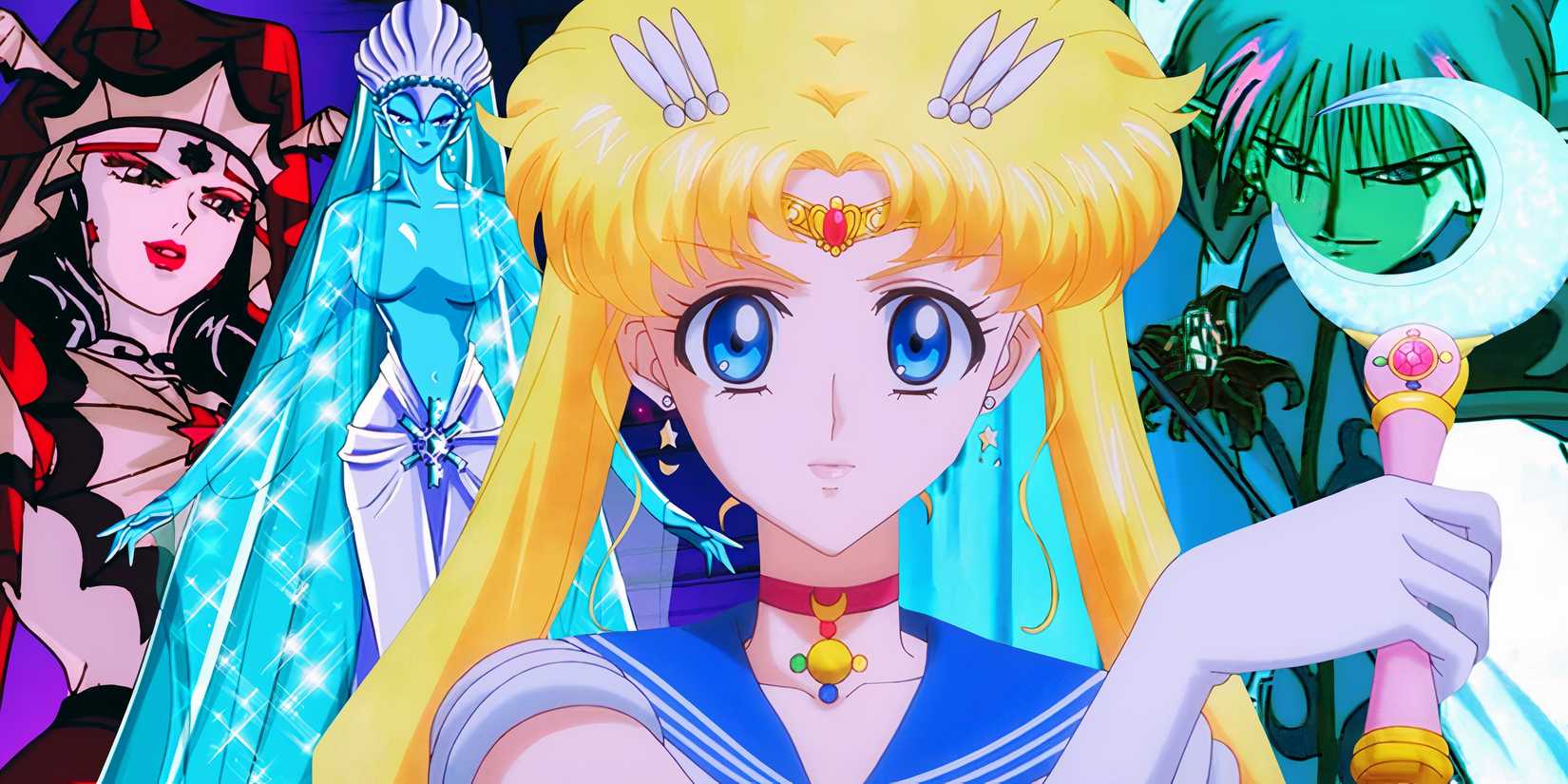Sailor Moon and the main antagonists from each of the original movies.