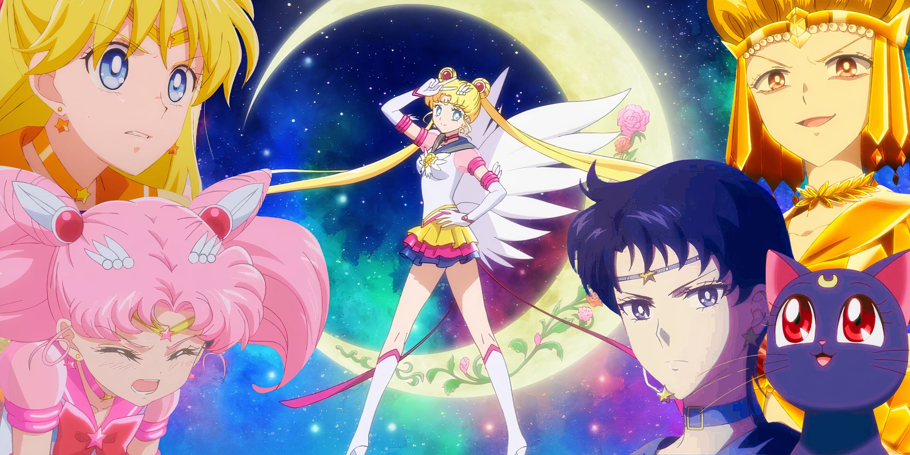 Sailor Moon Galaxia Star Fighter Venus and Chibimoon appear before a backdrop of a starry galaxy.