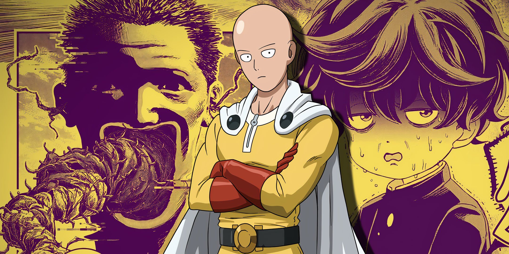 saitama from one punch man with his arms crossed with stills from the manga bug ego in the background