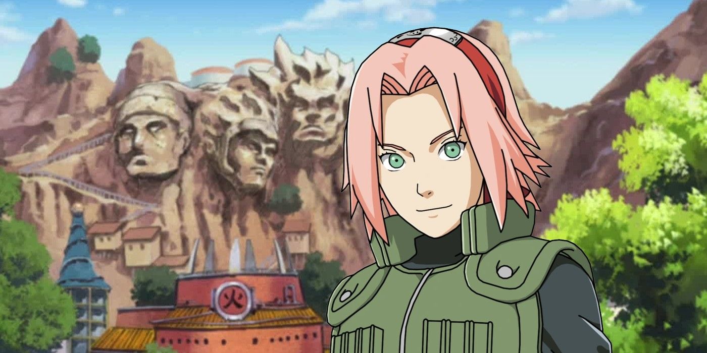 Sakura in front of the Hidden Leaf village's Hokage Rock, the village below.