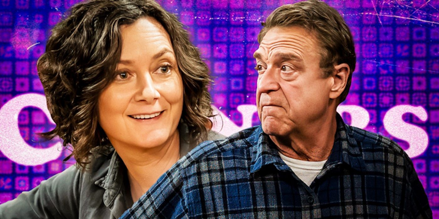 Sara Gilbert's Darlene and John Goodman's Dan in front of The Conners title card