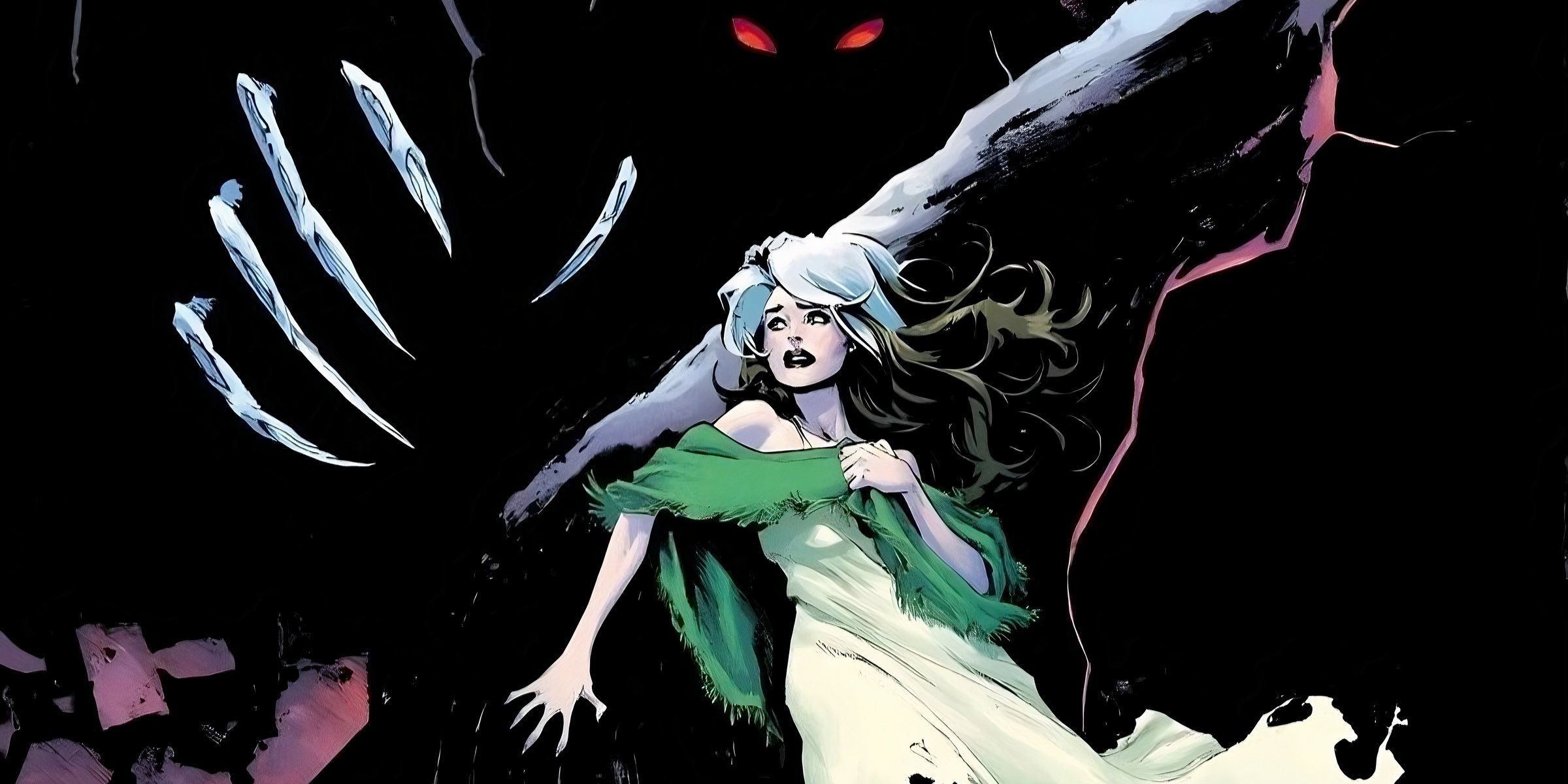 Sarah Gaunt emerges from the shadows behind Rogue.