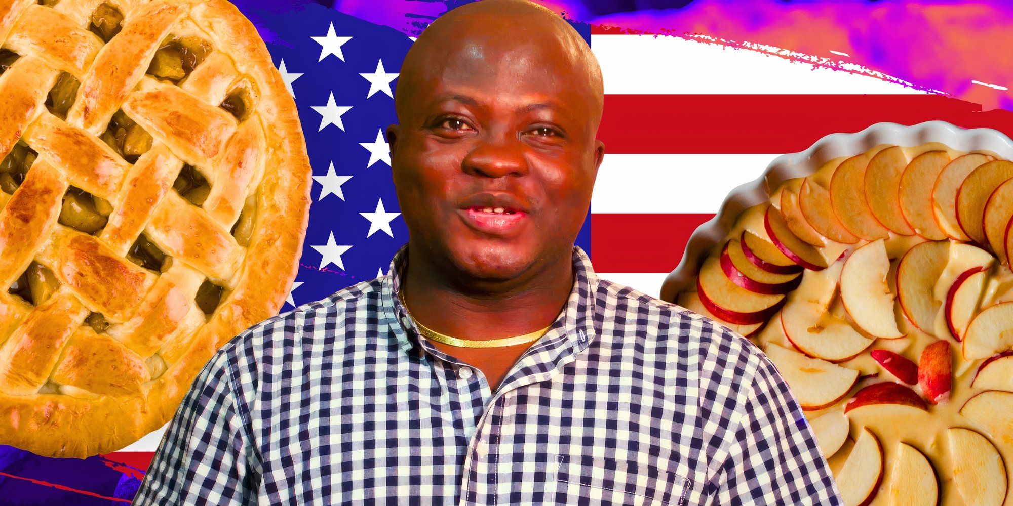 image of 90 day fiance's Michael with apple pies and the American flag in the background