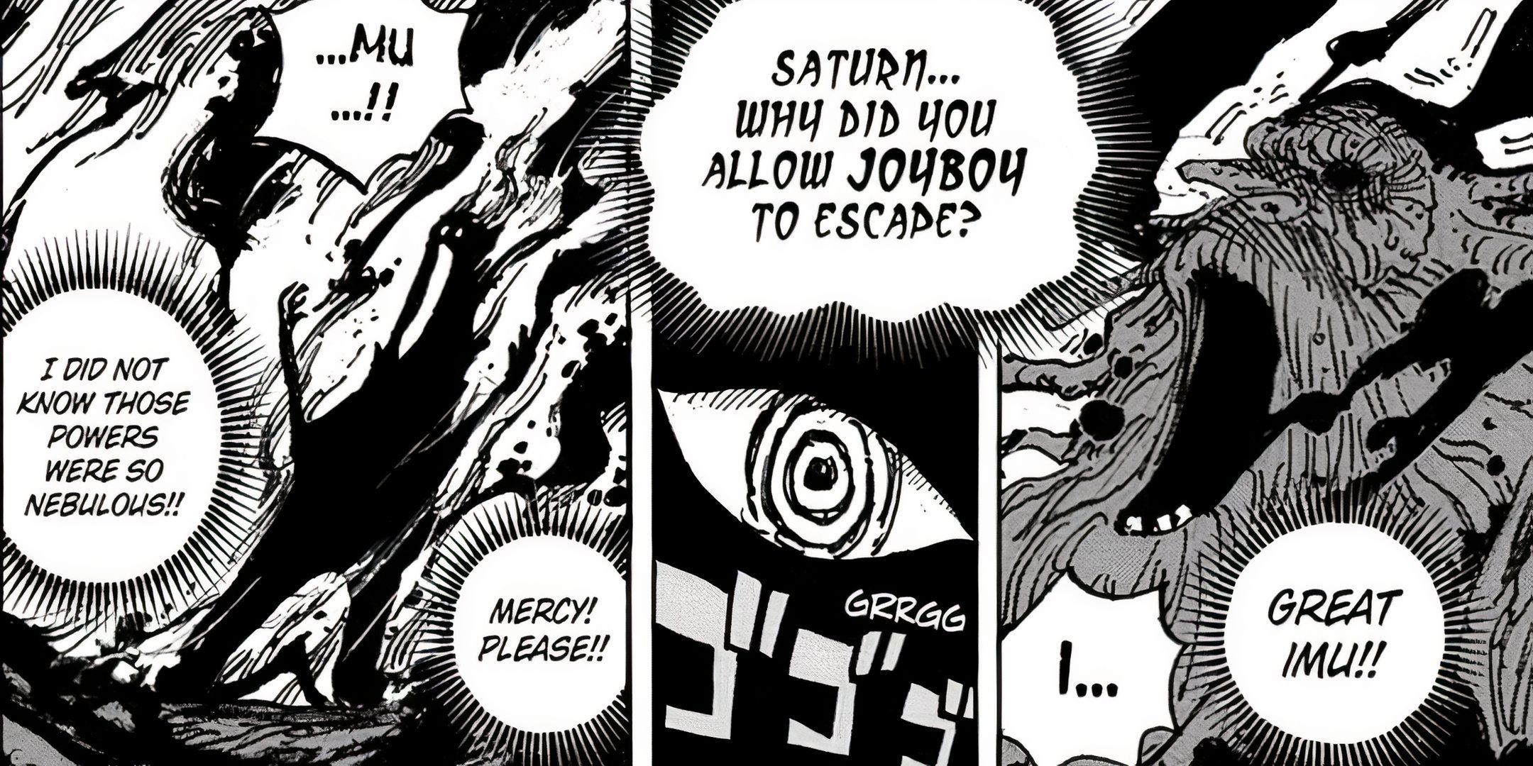 Saturno le ruega a Imu que tenga piedad mientras Imu le pregunta a Saturno por qué permitió que Joyboy escapara en el manga de One Piece.