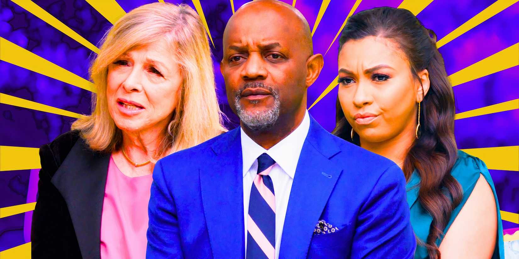 a montage of dr. pepper schwartz, dr. pia holec, pastor cal roberson from mafs looking upset with striped background
