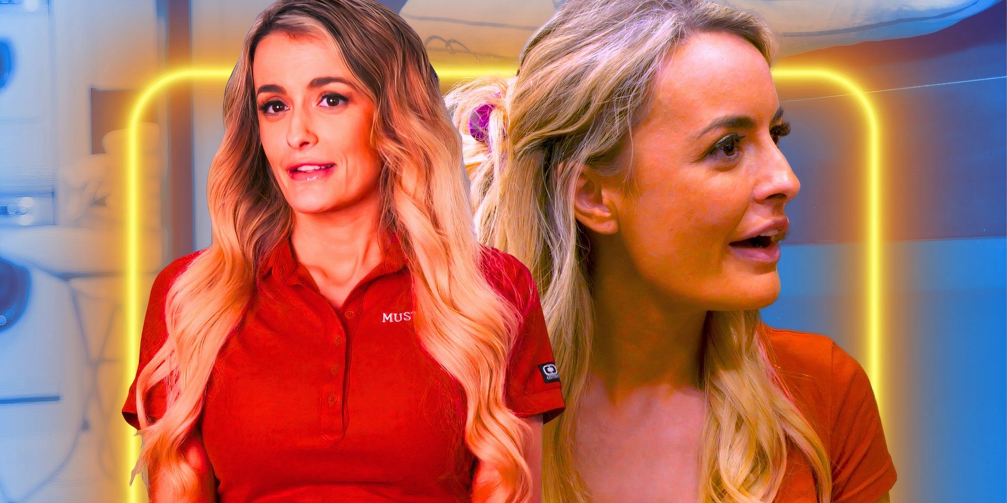 aesha scott from below deck mediterranean in two poses in red shirt and neon background