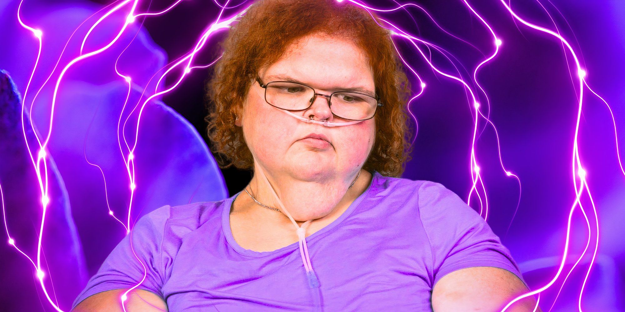 a shot of Tammy looking sad with a moody violet background