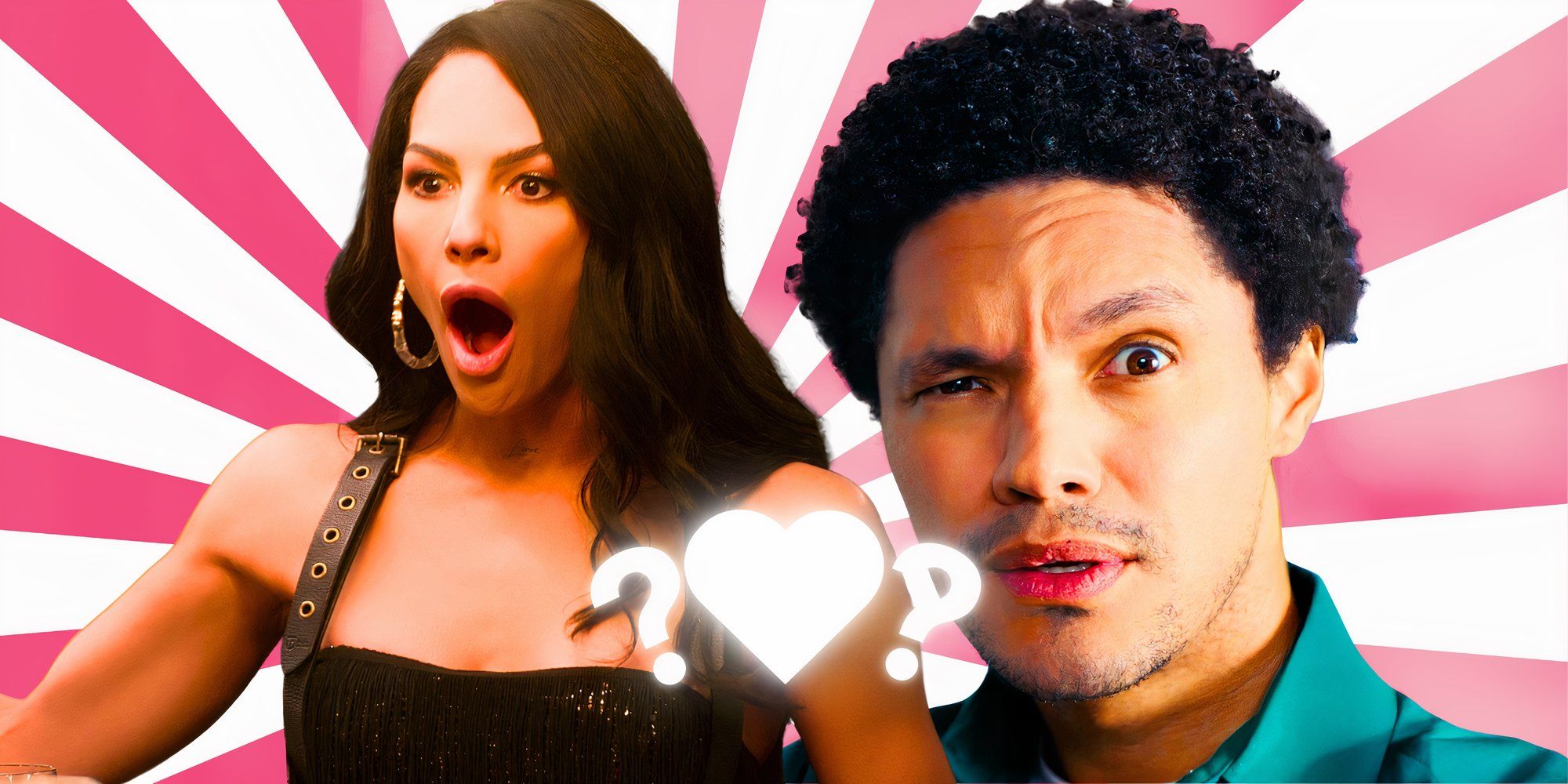 a montage of Selling Sunset&rsquo;s Amanza and Trevor Noah with hearts and question marks