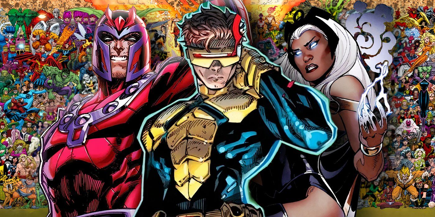 Cyclops (front and center) flanked by Magneto and Storm, from the X-Men&rsquo;s new &ldquo;From the Ashes&rdquo; era.