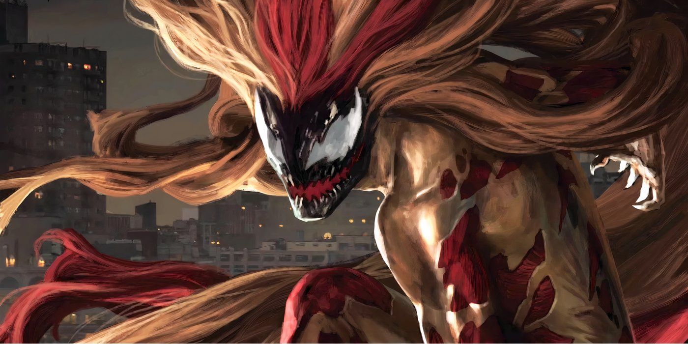 A screeching symbiote looking out over the cityscape with its hair spreading everywhere