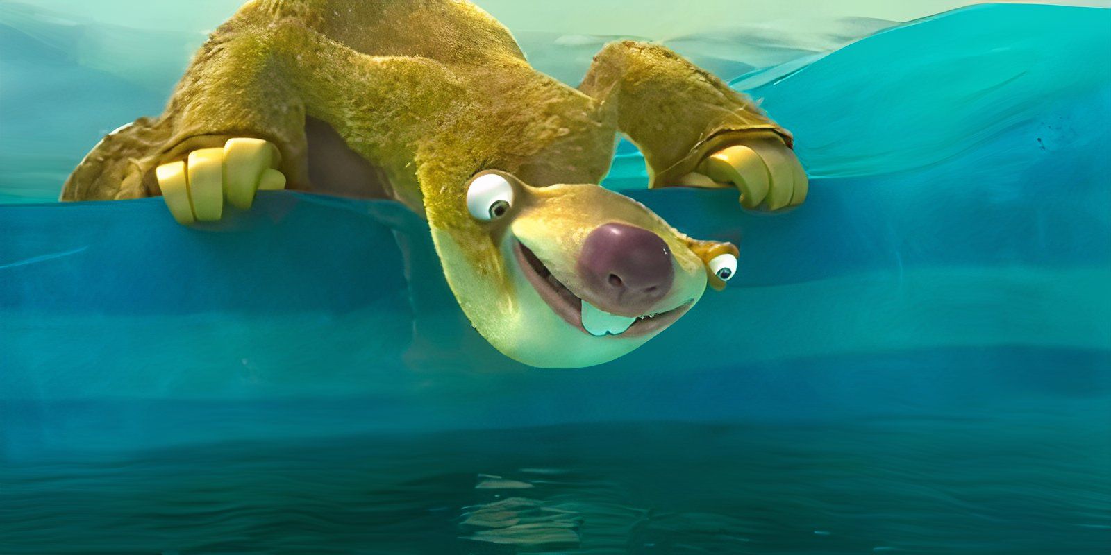 Sid the sloth looking into a body of water and smiling in Ice Age Continental Drift