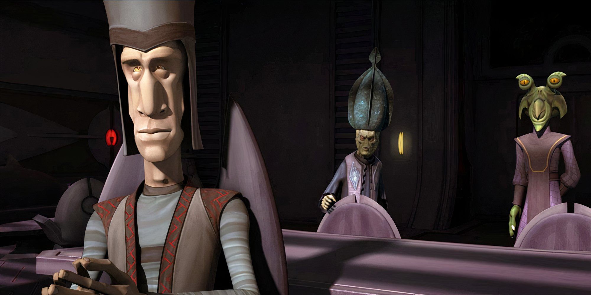 Senator Nix Card sits in a chair that faces away from Senator Lott Dod, who are convened inside a Coruscant senatorial office.