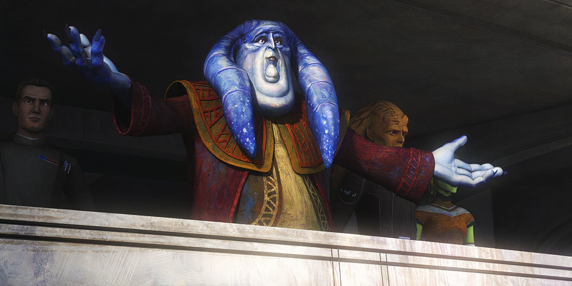 Senator Orn Free Taa speaks to his people on Ryloth, opening his hands open on a balcony. Admiral Rampart, Cham Syndulla, and Eleni Syndulla are in the background.