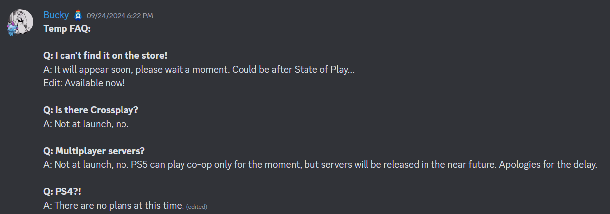 Um FAQ do servidor Palworld Discord da Pocketpair detalhando informações sobre o lançamento do PS5 e jogo cruzado.