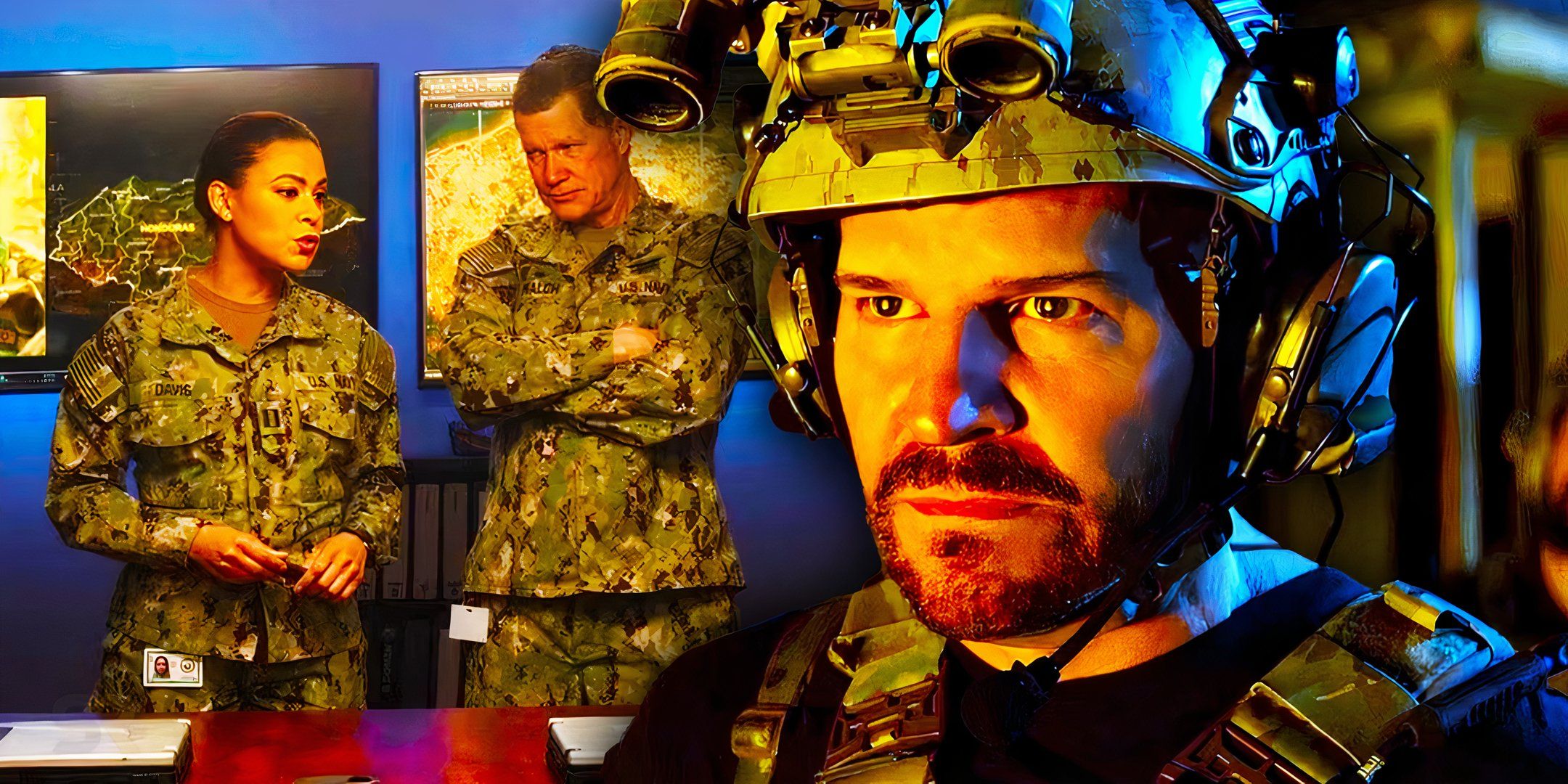 Toni Trucks as Lisa Davis, Dylan Walsh as Captain Walch, and David Boreanaz as Jason Hayes in SEAL Team season 7.