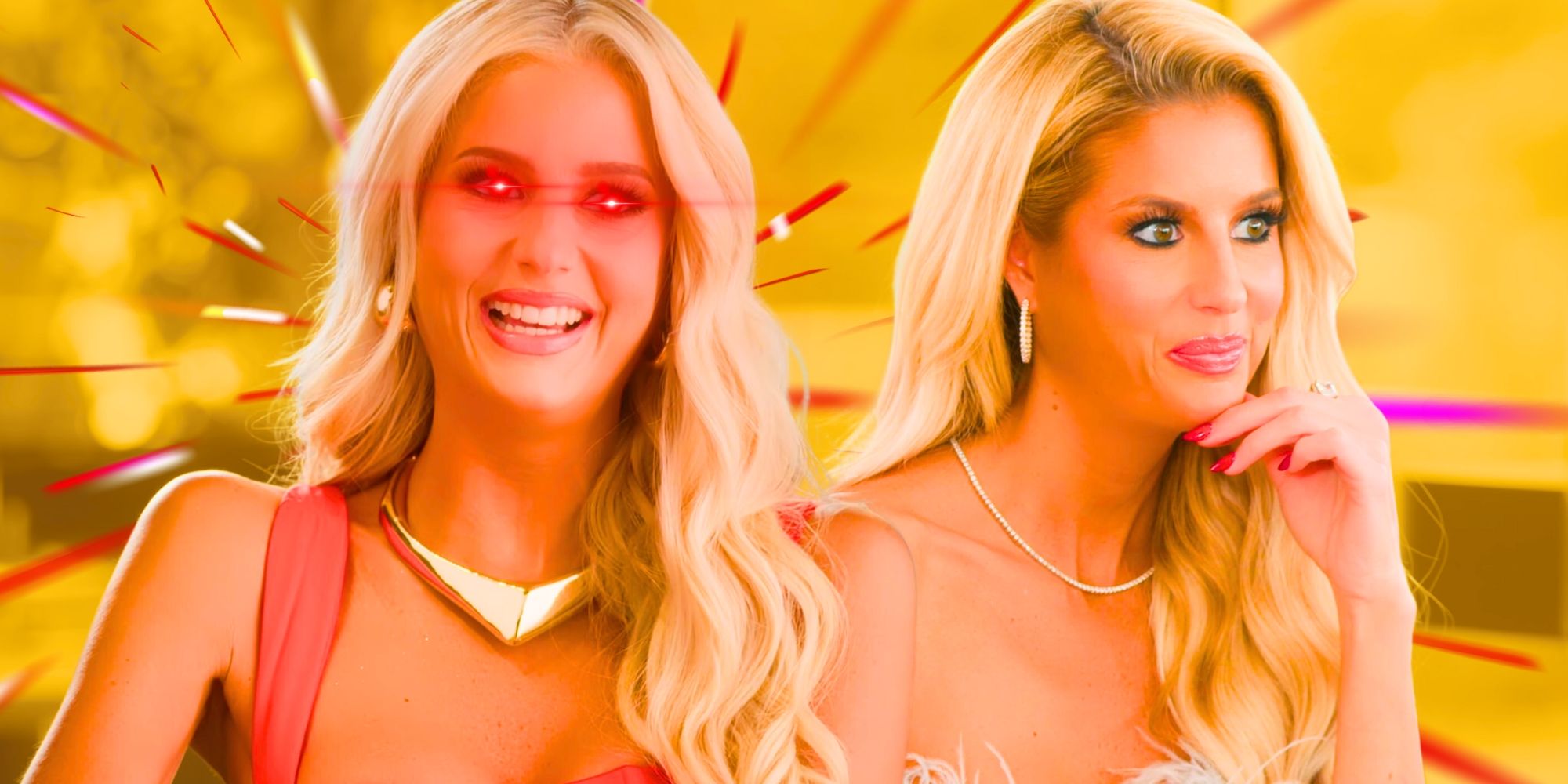 Selling Sunset Season 8&rsquo;s Emma Hernanin a montage with laser eyes on the left, and looking pinched on the right.