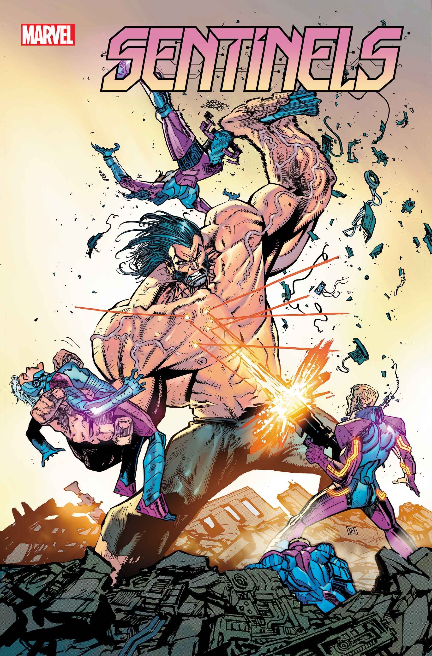 The Sentinels fight a giant, sinewy man, with one group of muscles in each hand.