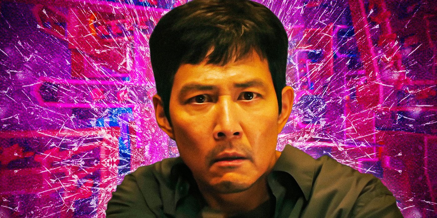 Seong Gi-hun (Lee Jung-jae) with short dark hair in Squid Game season 2 against a purple background