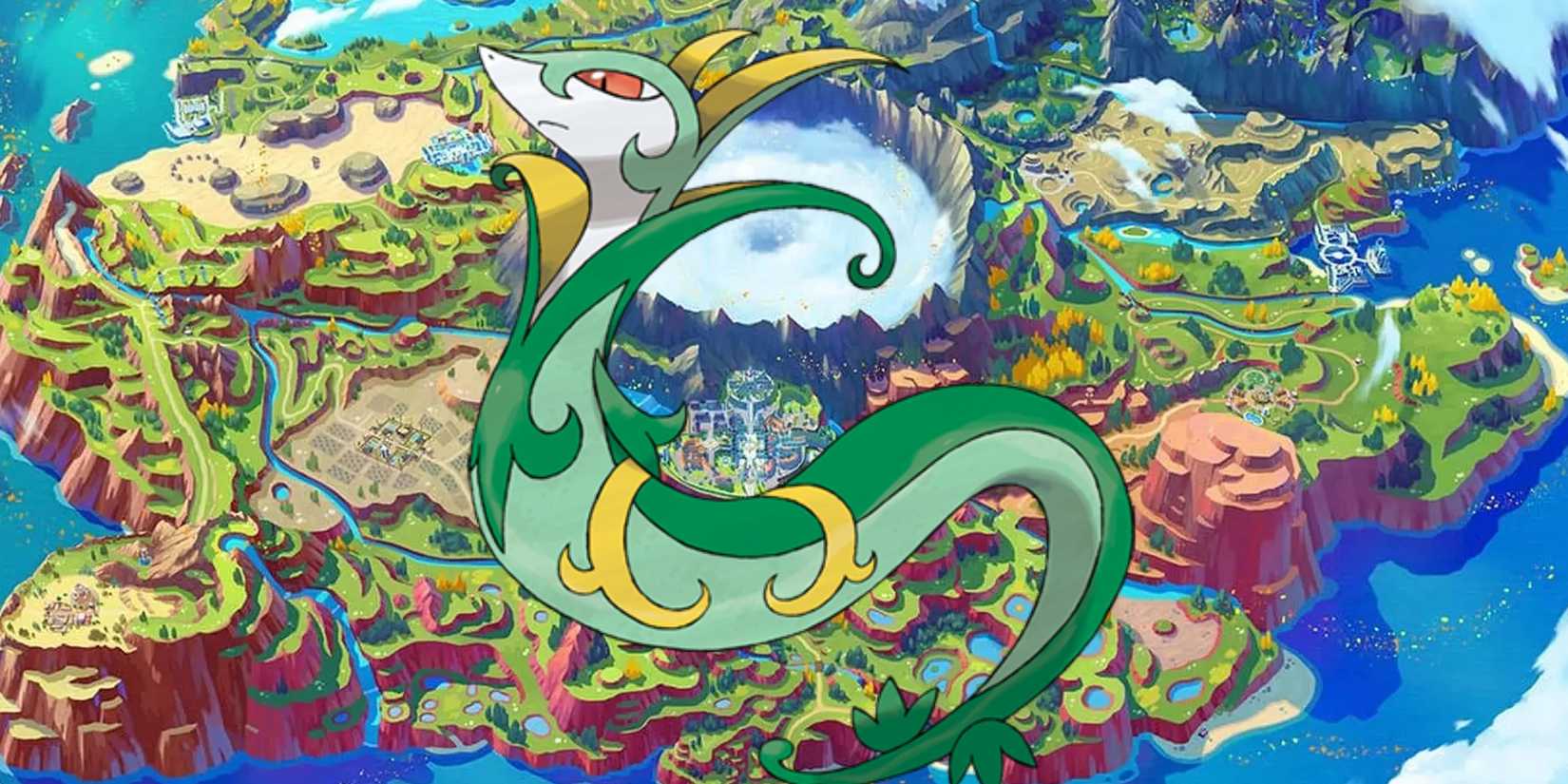 A Paldean map with Serperior, featuring in the next 7-Star Pokémon Scarlet & Violet Tera Raid.