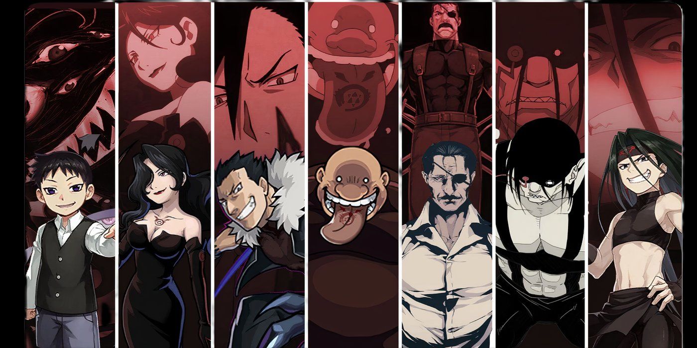 Fullmetal Alchemist Brotherhood Seven Deadly Sins appear in different panels, Pride, Lust, Greed, Gluttony, Wrath, Sloth, and Envy