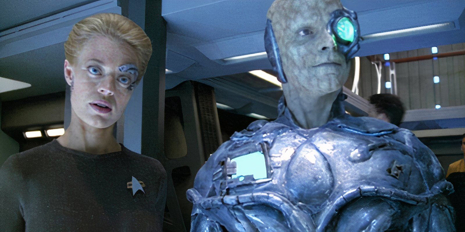 Sete de Nove (Jeri Ryan) e Um (J Paul Boehmer) em Star Trek Voyager Drone