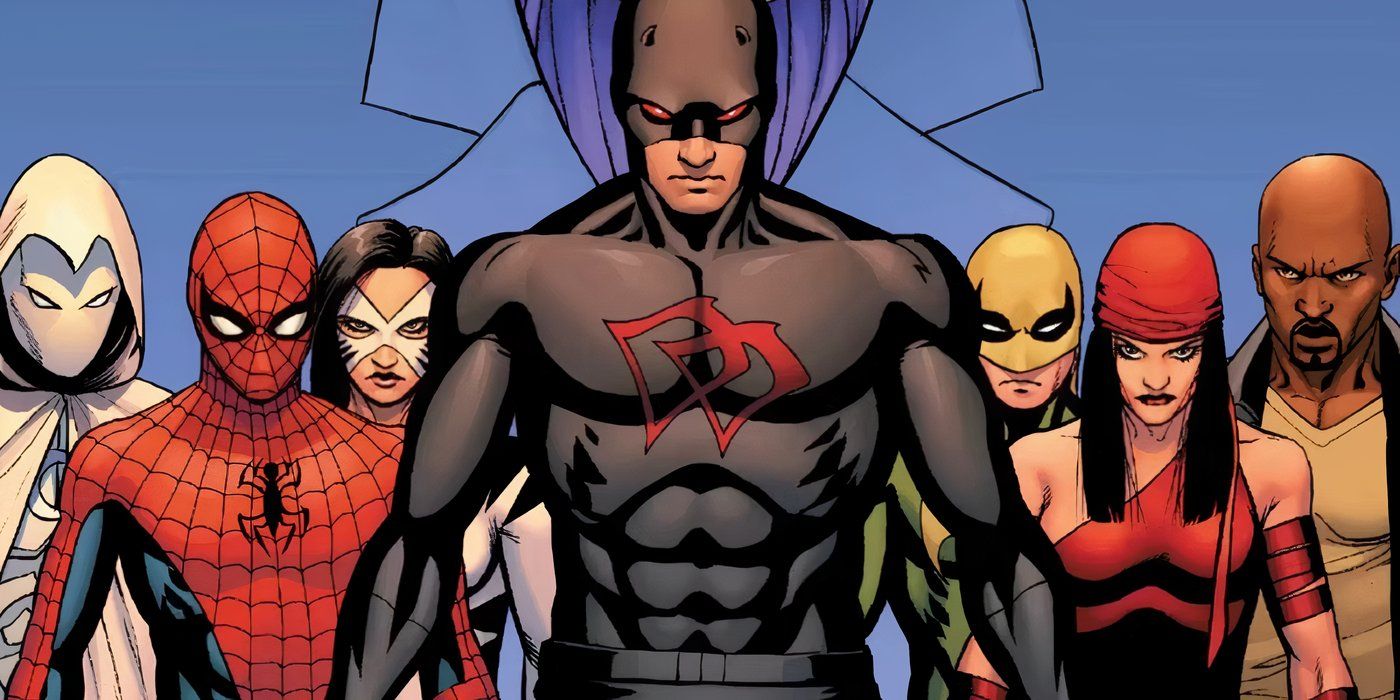 Shadowland Demolidor no meio cercado por outros heróis como Homem-Aranha e Elektra