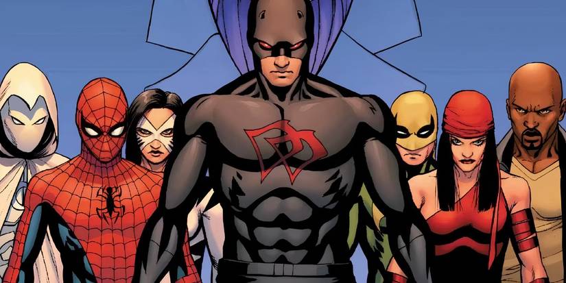 Shadowland Daredevil in the middle surrounded by other heroes like Spider-Man and Elektra