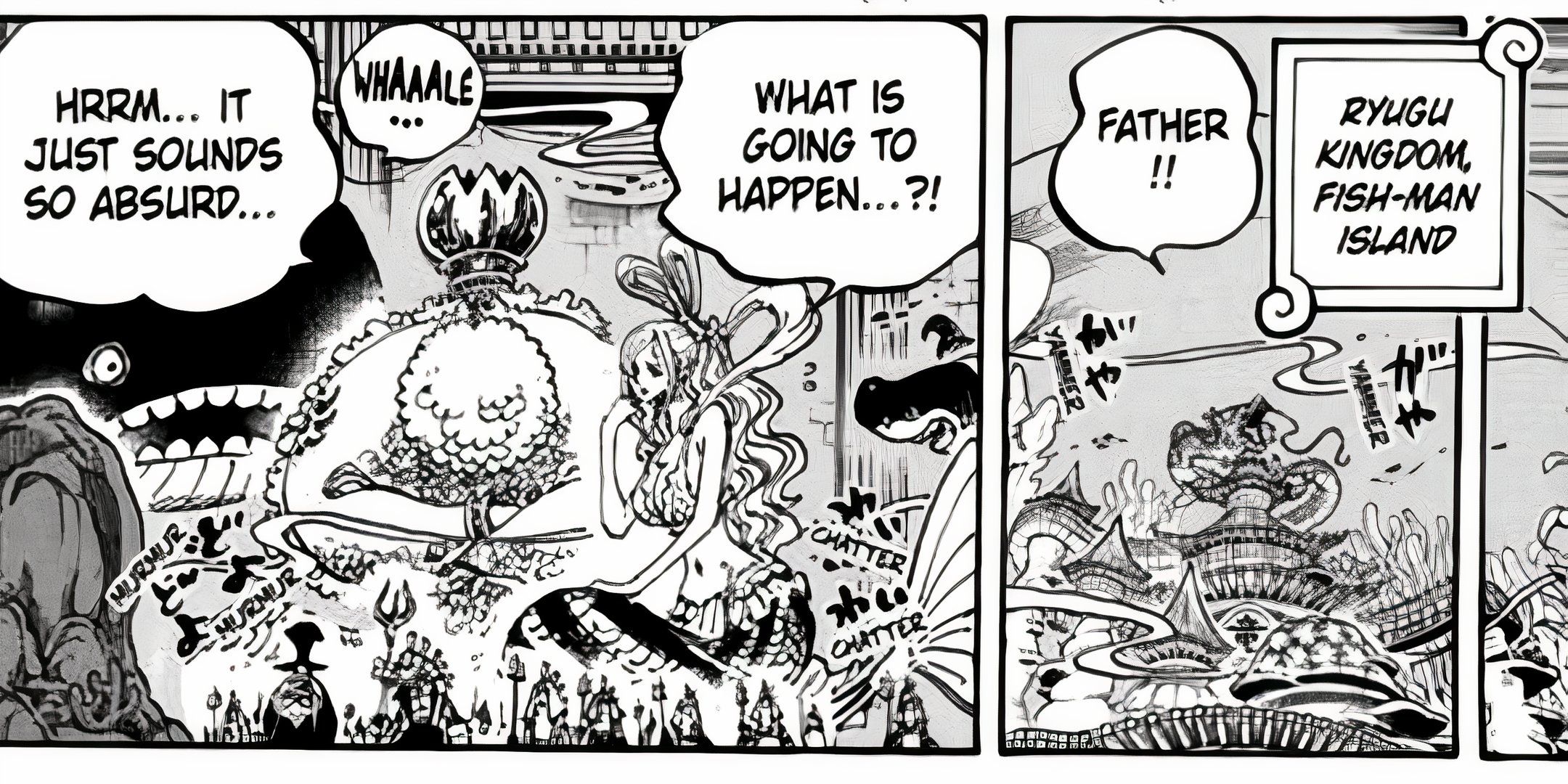 Shirahoshis und Neptunes Cameo-Auftritt während Vegapunks Message in One Piece