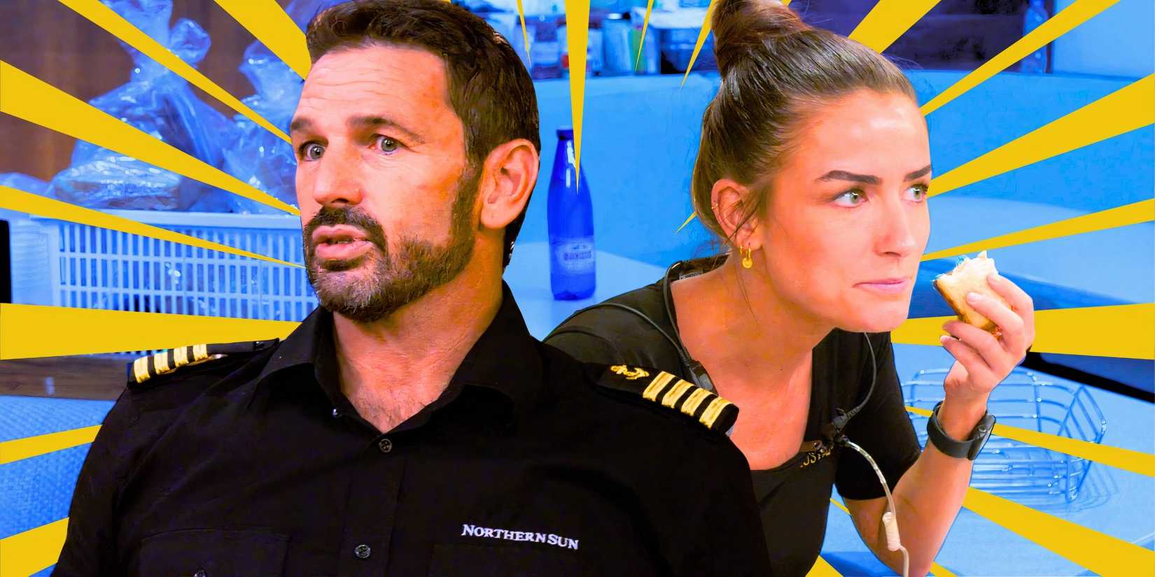 a montage of Below Deck Down Under's Captain jason with Aesha in the background looking shocked
