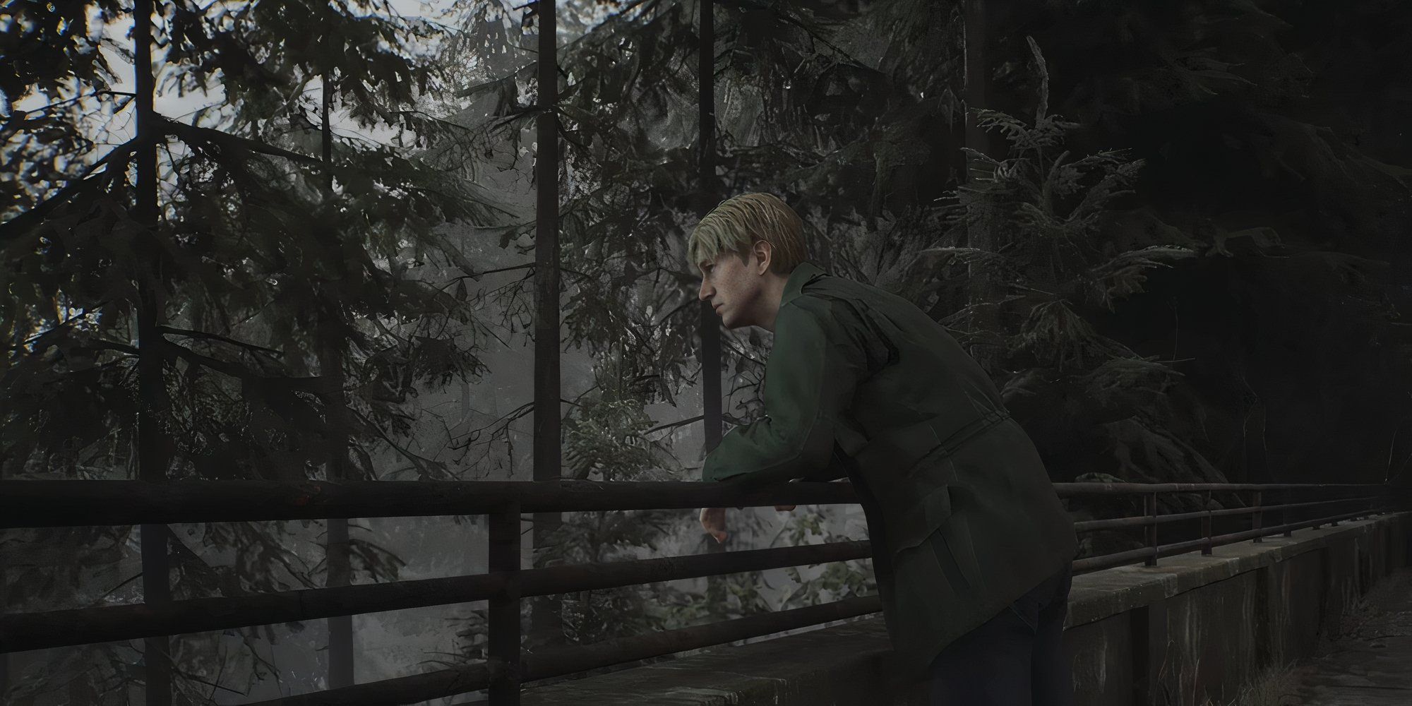 Silent Hill 2 Remake James mirando hacia un bosque