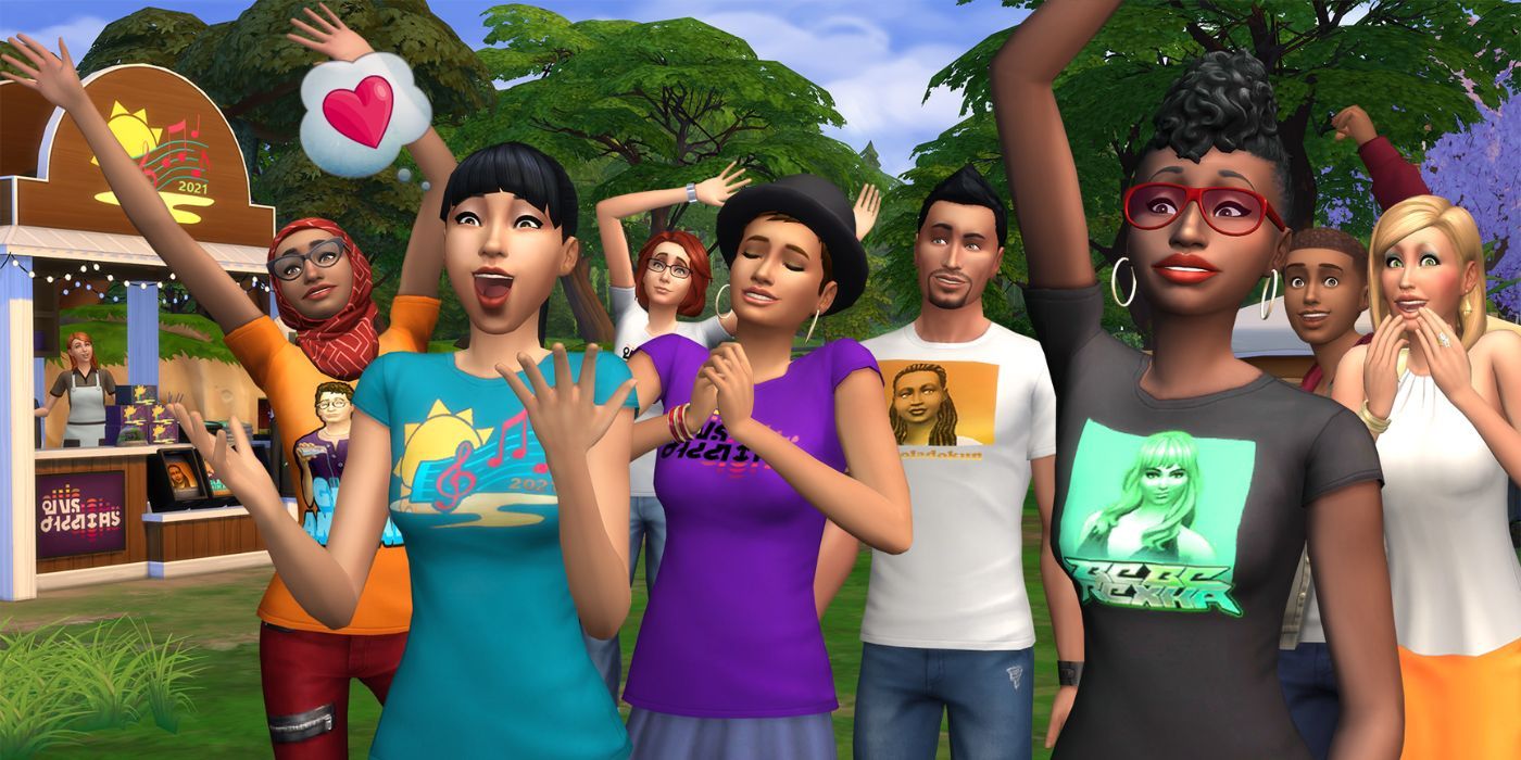 A group of Sims getting excited in a park